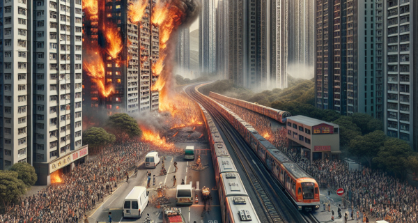 香港の高層住宅で火災発生、爆発音が響き渡る緊迫の現場。